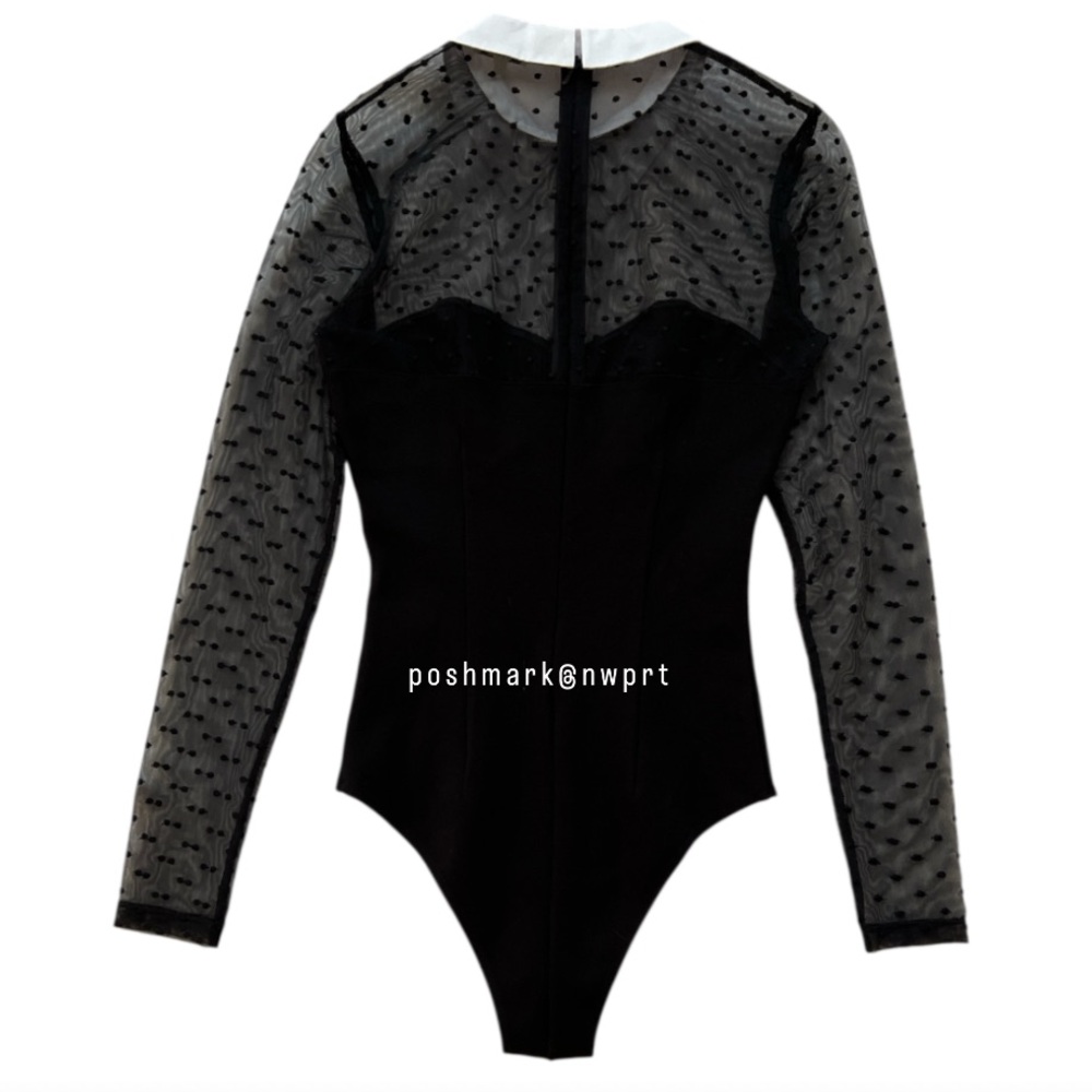 FLEUR DU MAL Polka Dot Tulle Mesh Collar Bodysuit Sheer Black White XS - Picture 8 of 14